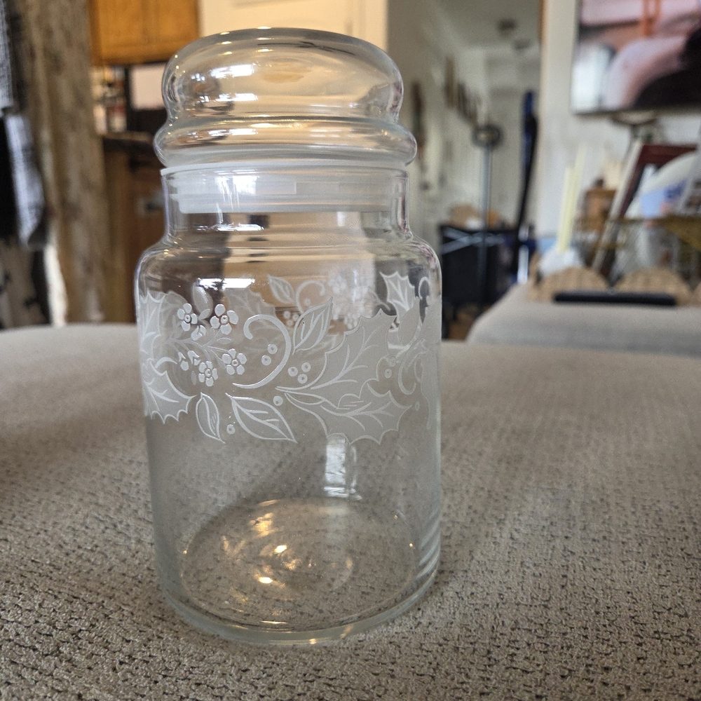 Clear Glass Apothecary Jar with White Etched Floral Pattern